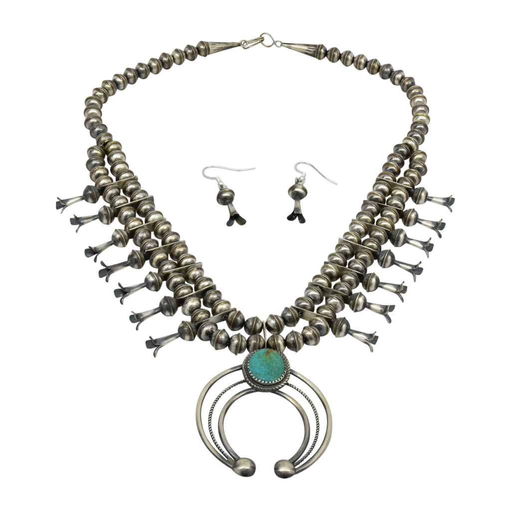 Phil Garcia Oxidized Sterling Silver Navajo Green Turquoise Squash Blossom Necklace Earring Set
