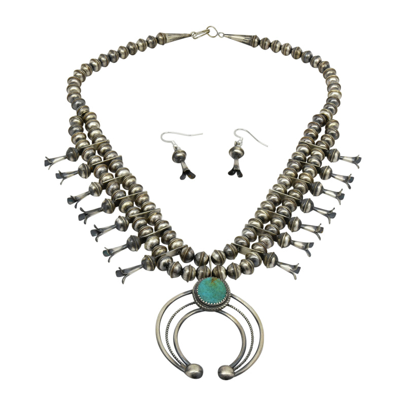 Phil Garcia Oxidized Sterling Silver Navajo Green Turquoise Squash Blossom Necklace Earring Set