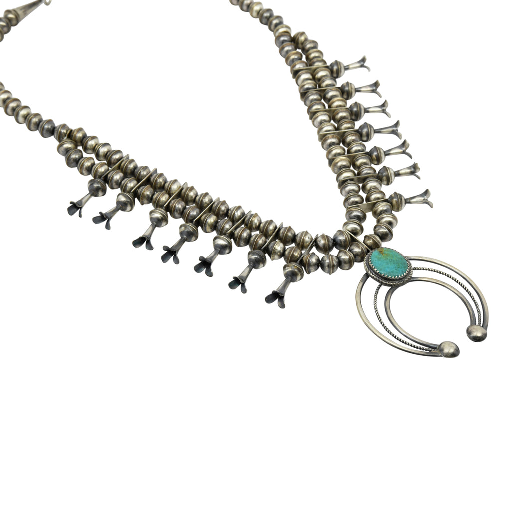 Phil Garcia Oxidized Sterling Silver Navajo Green Turquoise Squash Blossom Necklace Earring Set