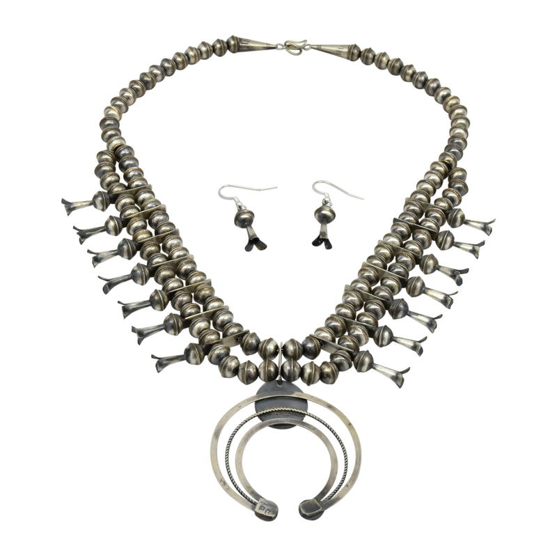 Phil Garcia Oxidized Sterling Silver Navajo Green Turquoise Squash Blossom Necklace Earring Set