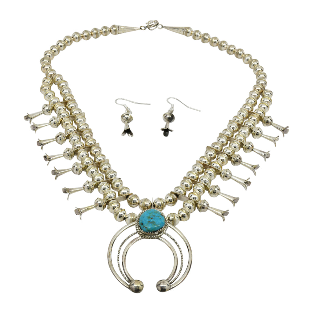 Phil Garcia Sterling Silver Navajo Blue Turquoise Squash Blossom Necklace Earring Set