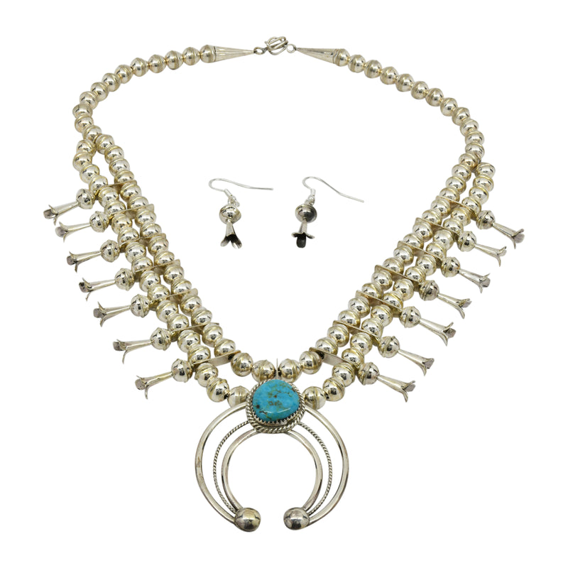 Phil Garcia Sterling Silver Navajo Blue Turquoise Squash Blossom Necklace Earring Set