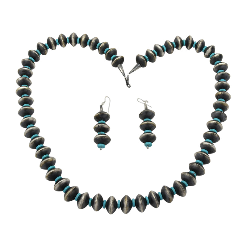 Sophia Becenti Sterling Silver Turquoise & Navajo Pearl Bead Necklace Earring Set