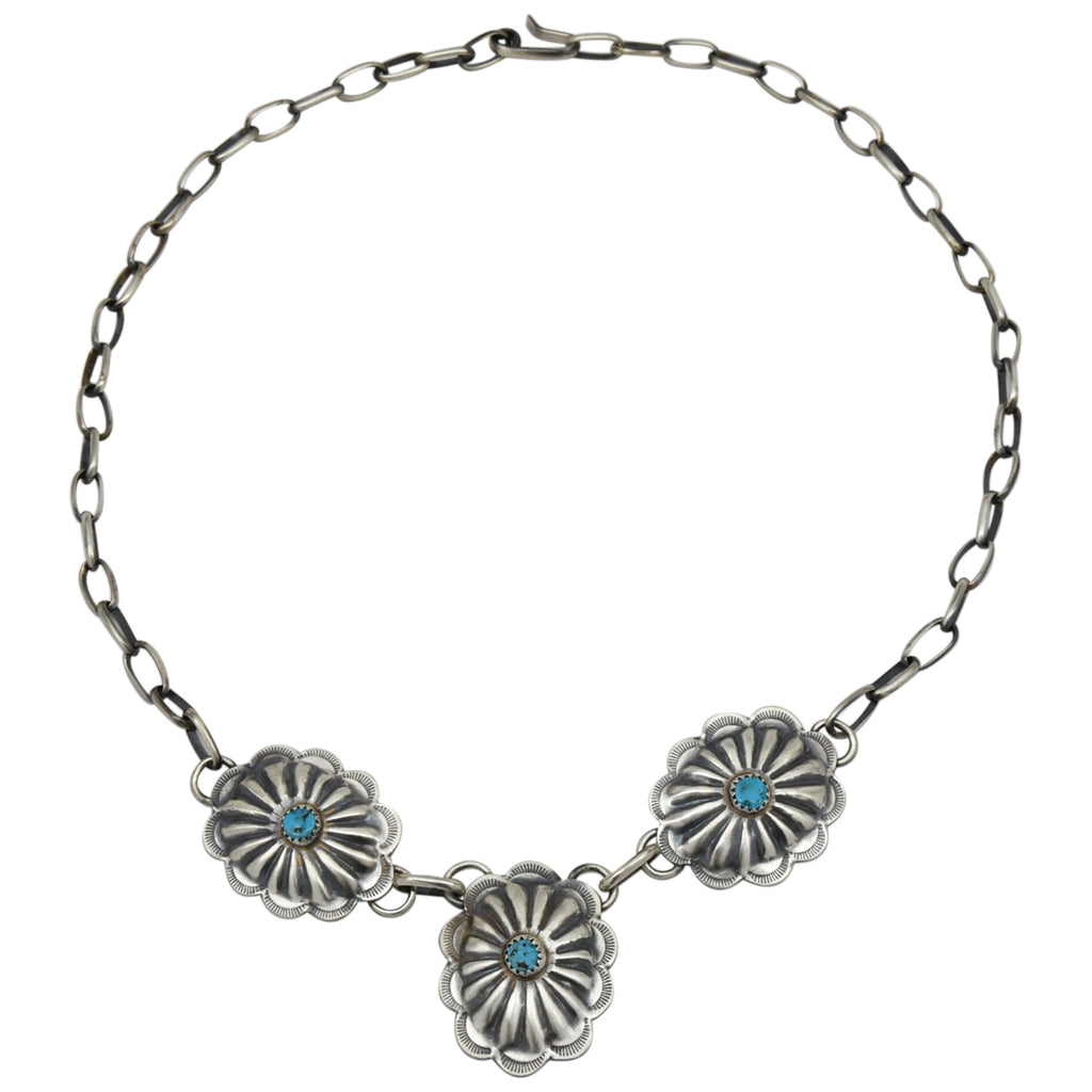 Sterling Silver Ryan Begay Turquoise 3 Oval Navajo Concho Necklace