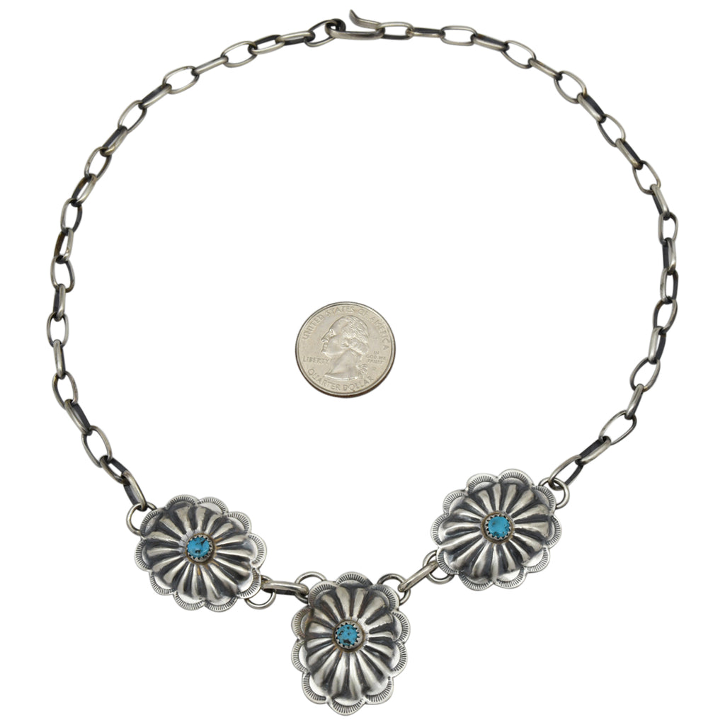 Sterling Silver Ryan Begay Turquoise 3 Oval Navajo Concho Necklace