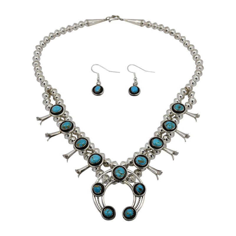 Phil & Lenora Garcia Sterling Silver Turquoise Short Squash Blossom Navajo Necklace