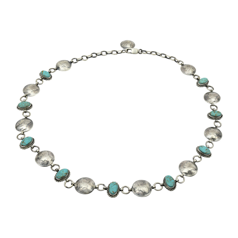 James McCabe Sterling Silver Turquoise & Mercury Dime Alternating Link Navajo Necklace