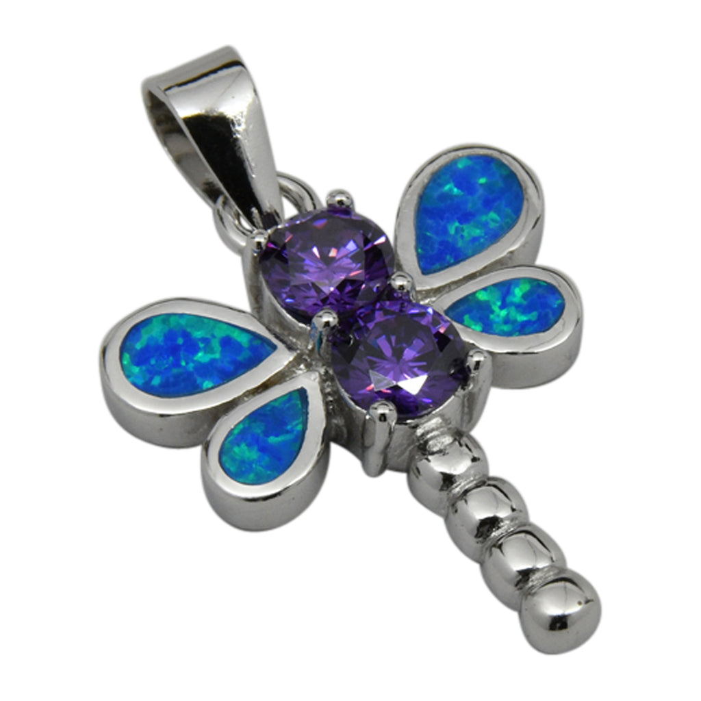 Sterling Silver Blue Lab Opal & Purple CZ Dragonfly Pendant