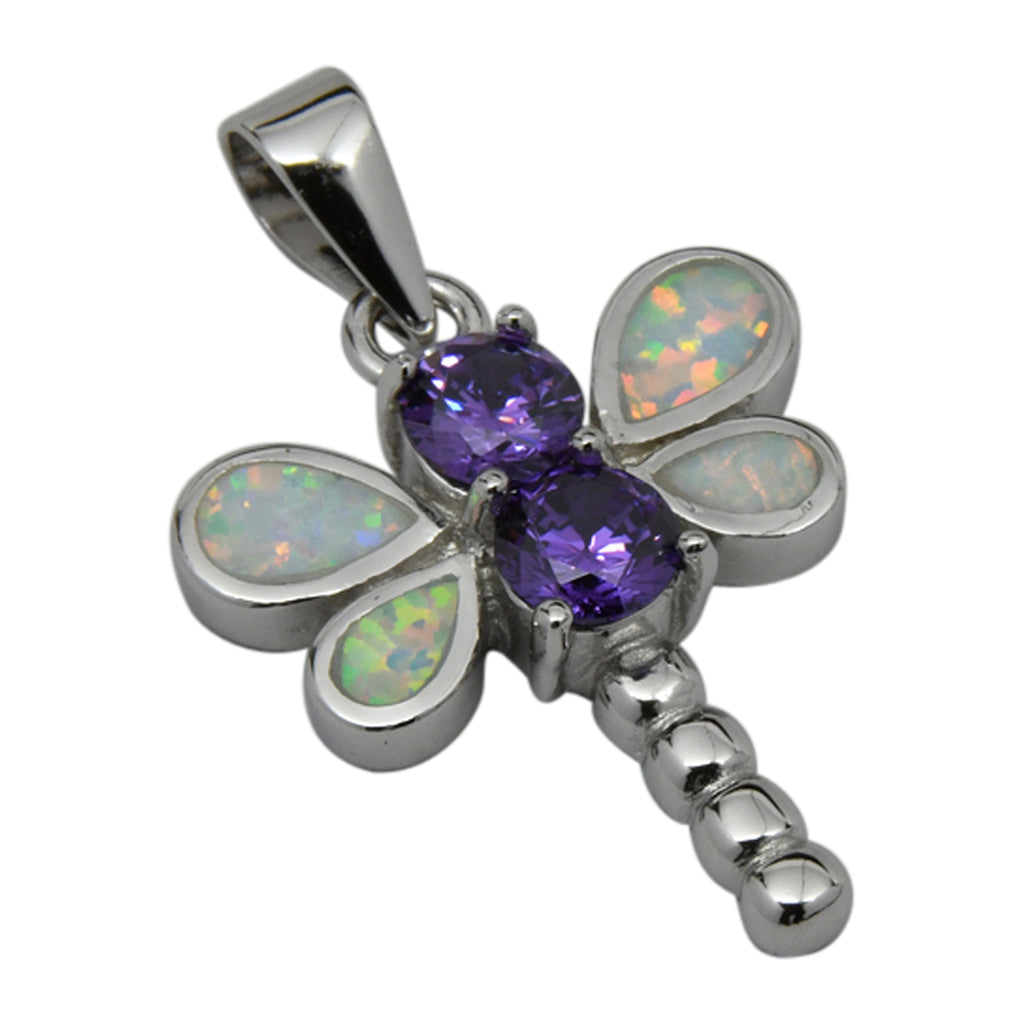 Sterling Silver White Lab Opal & Purple CZ Dragonfly Pendant