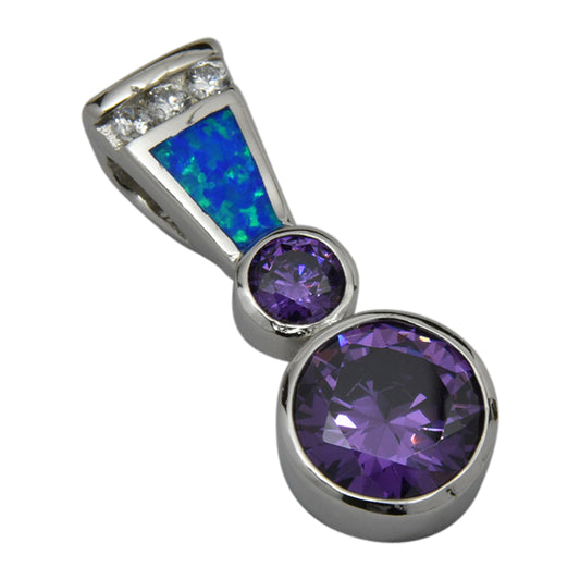 Sterling Silver Blue Lab Opal & Purple CZ Round Slider Pendant