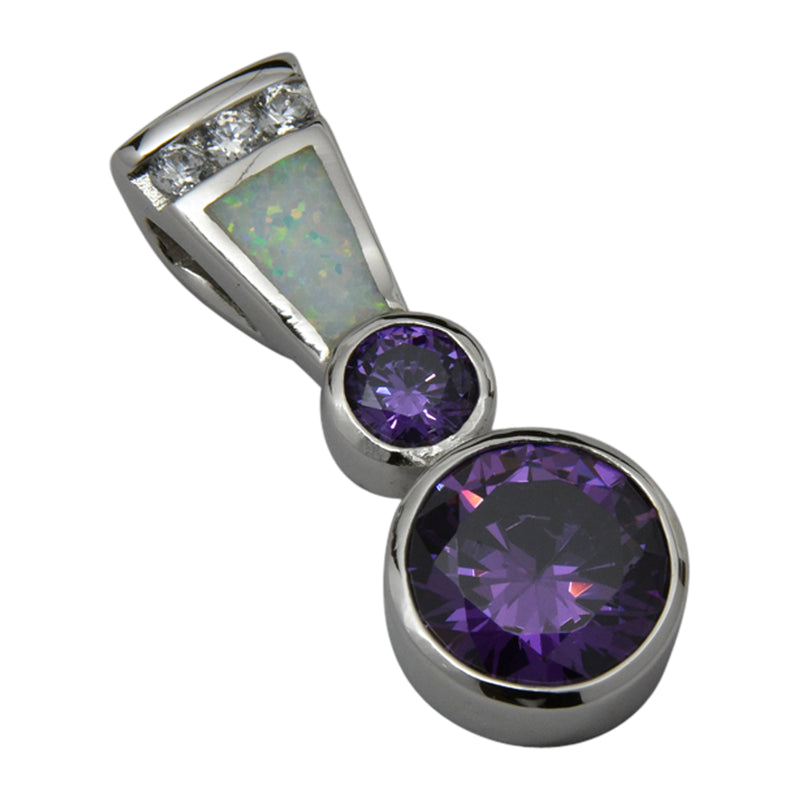 Sterling Silver White Lab Opal & Purple CZ Round Slider Pendant