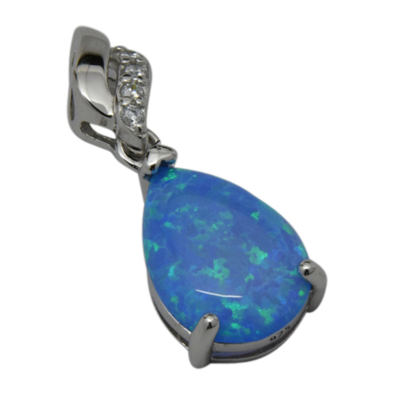 Sterling Silver Blue Lab Opal & CZ Tear Drop Prong Set Pendant