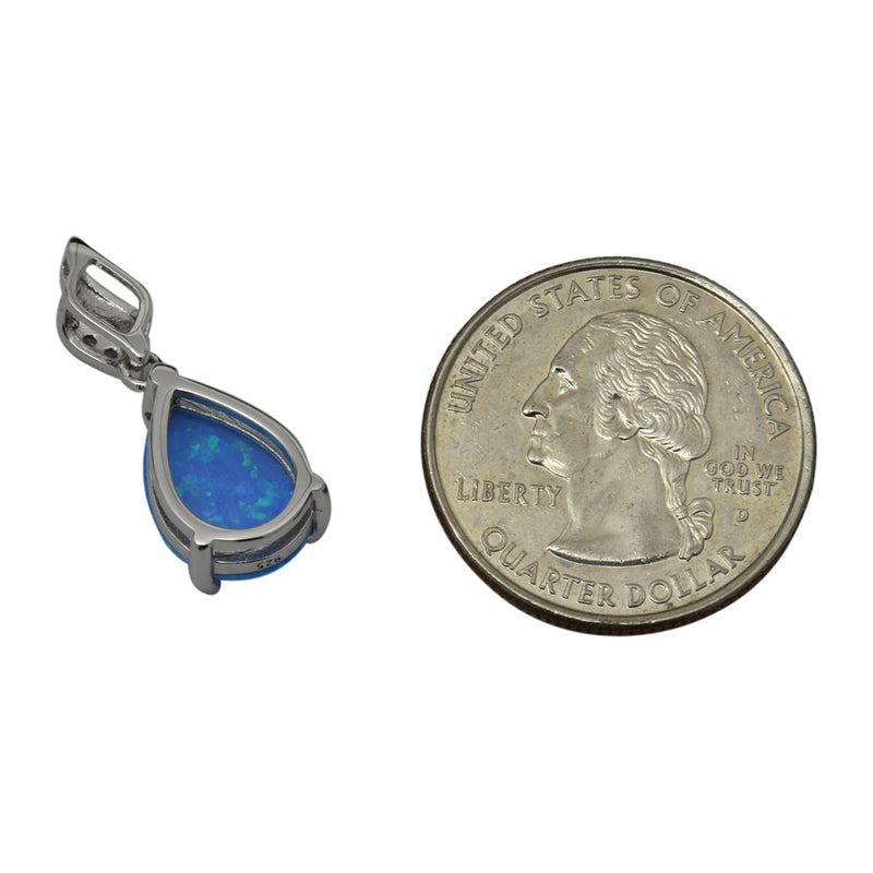 Sterling Silver Blue Lab Opal & CZ Tear Drop Prong Set Pendant