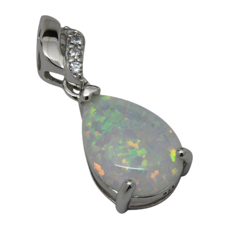 Sterling Silver White Lab Opal & CZ Tear Drop Prong Set Pendant