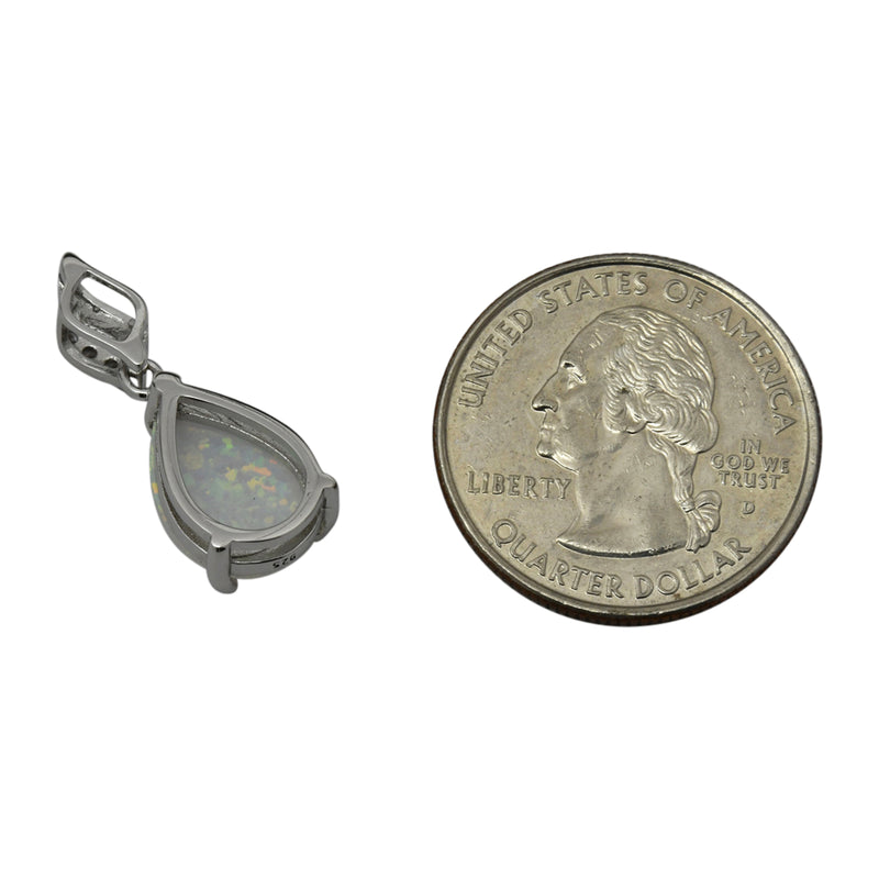 Sterling Silver White Lab Opal & CZ Tear Drop Prong Set Pendant