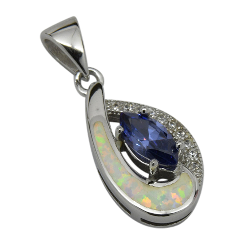 Sterling Silver White Lab Opal & Blue CZ Tear Drop Pendant