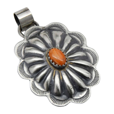Jeff James Jr Sterling Silver Red Spiny Oyster 5 Stone Repousse Navajo Pendant